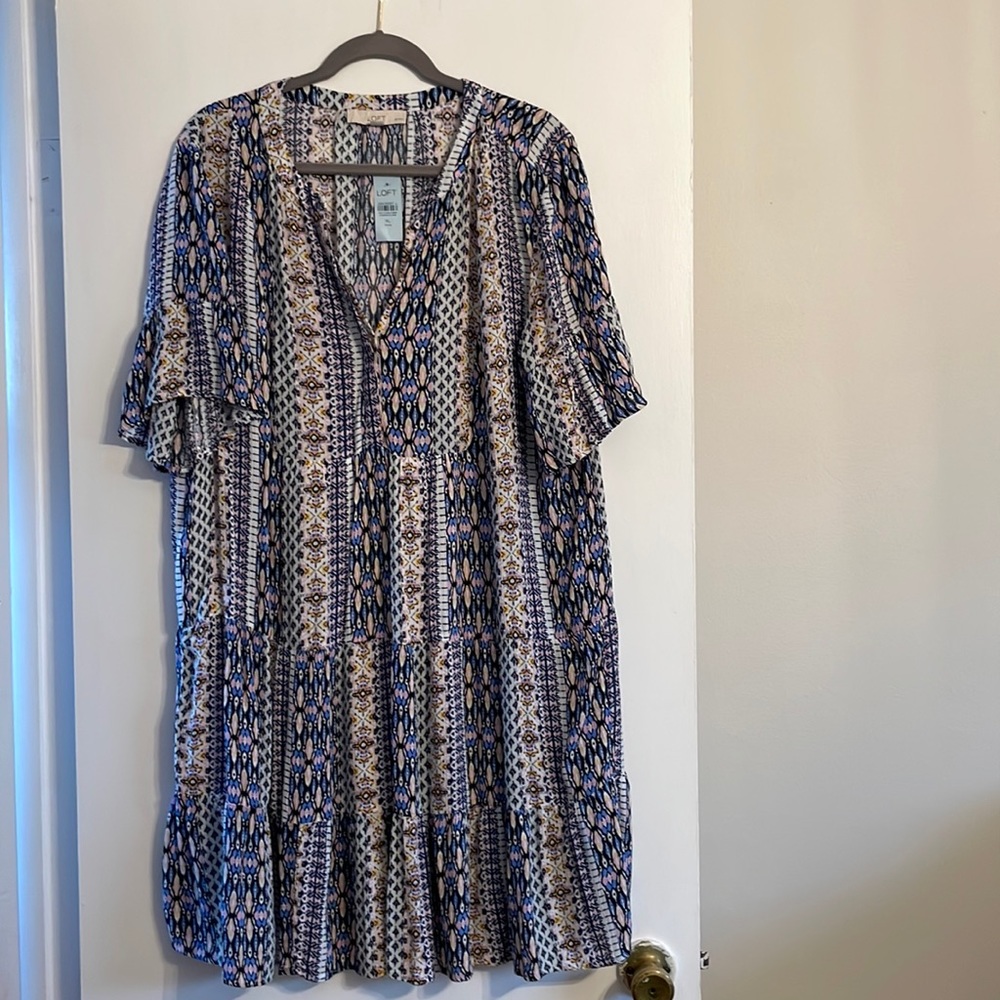 LOFT Tiered Multi-Print Split V Neck Swing Dress Petite XL, NWT